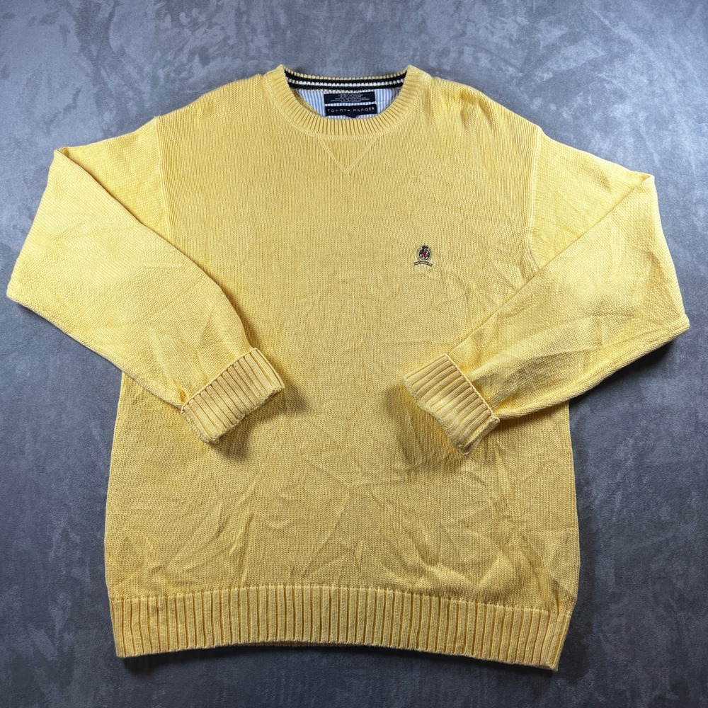 Tommy Hilfiger Mens L Yellow Cotton Knit Sweater‎ Crewneck Logo Classic Preppy